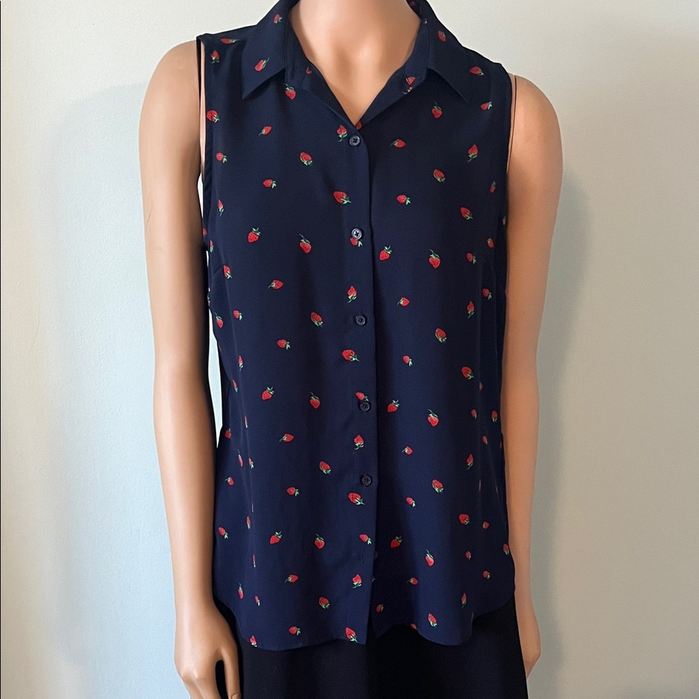 Banana Republic Navy Sleeveless Blouse with Strawberries